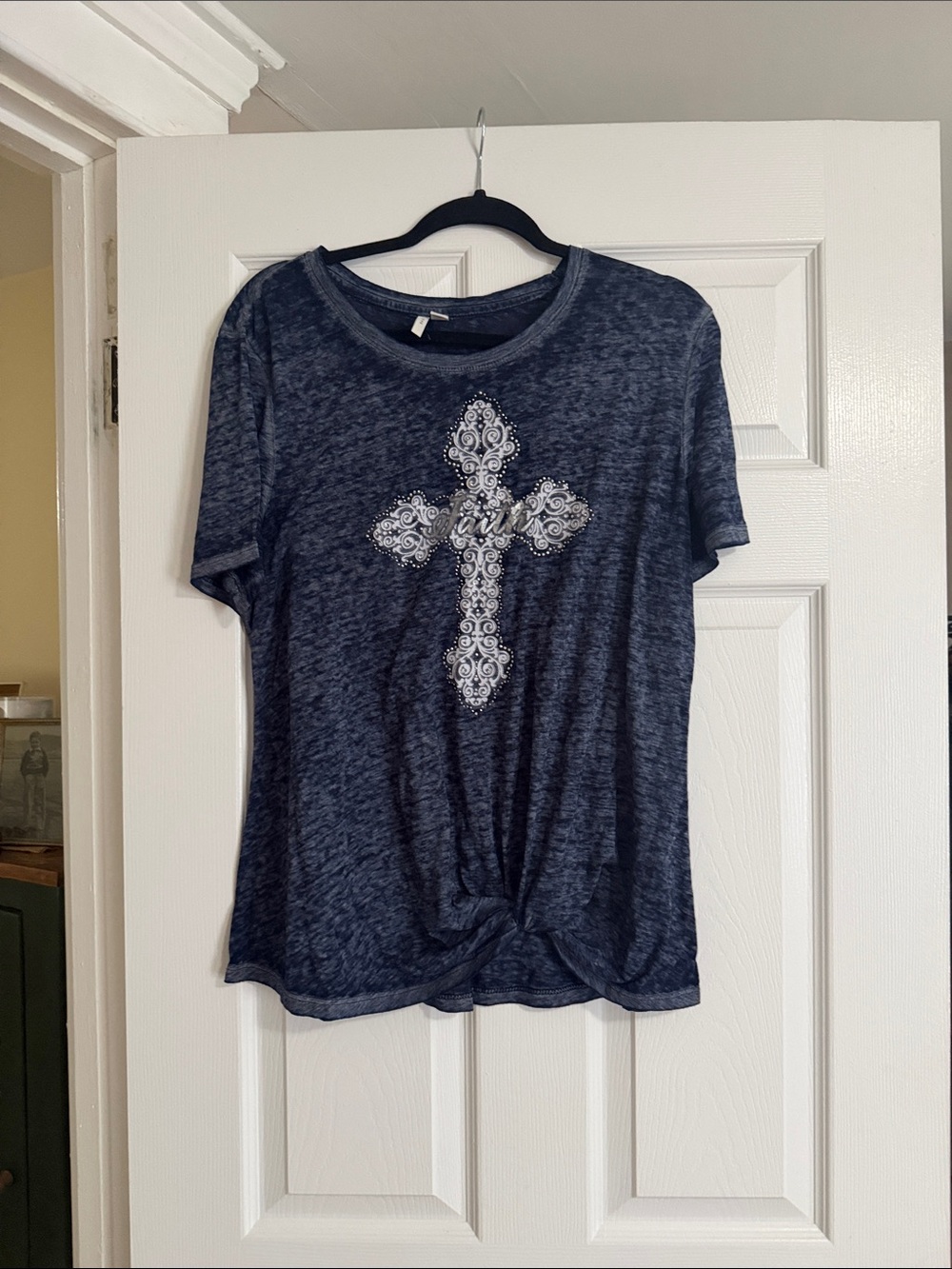 Women's Navy Short Sleeve Tee with Decorative Cross